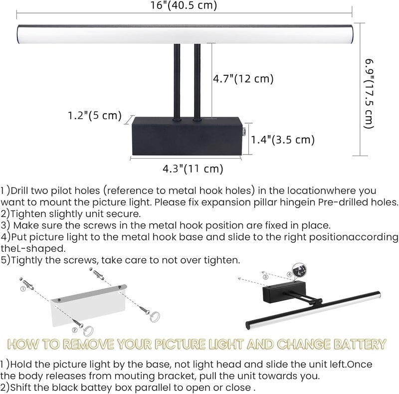 HOWMZON Picture Light, 16" AA Battery Picture Light,Full Metal Picture Frame Light,Wireless Picture Lights with Remote for Wall Display, Photo,Library Black - Image 5